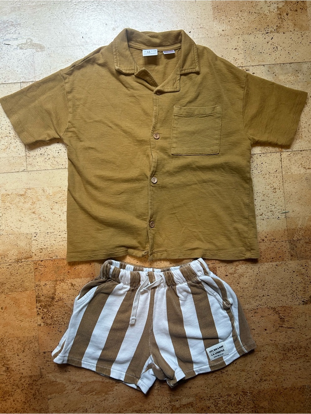 Zara 5T Set - Mustard Short Sleeve Button Shirt with Striped Drawstring Shorts